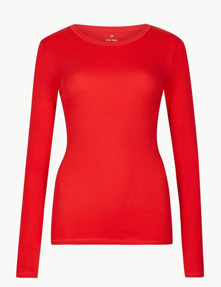 Marks & Spencer Pure Cotton Round Neck Long Sleeve T-shirt Red