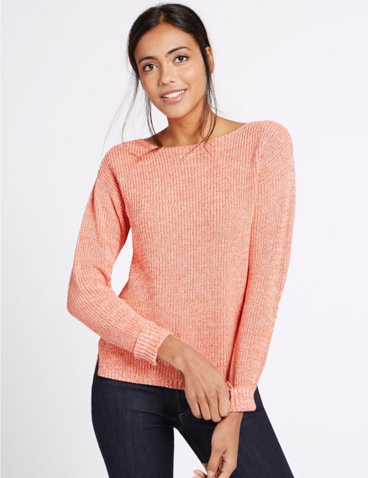 Marks & Spencer Pure Cotton Ribbed Slash Neck Jumper Orange Mix