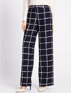 Marks & Spencer Satin Checked Wide Leg Trousers Navy Mix