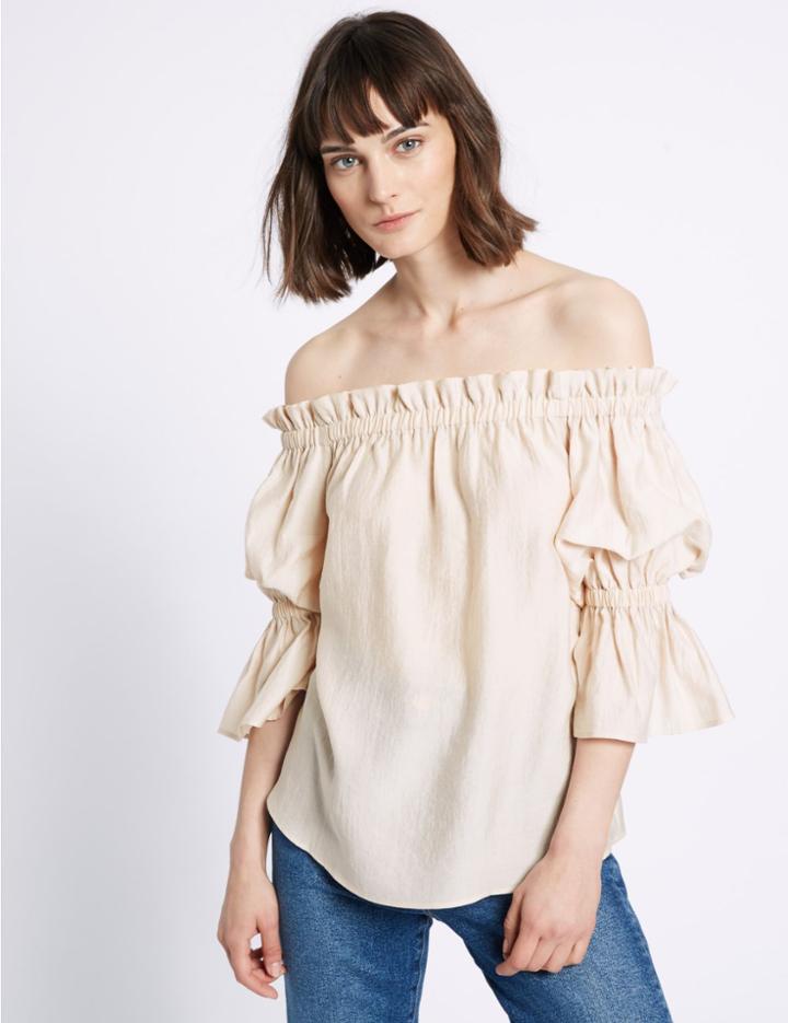 Marks & Spencer Ruffle 3/4 Sleeve Bardot Blouse Pink