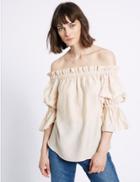 Marks & Spencer Ruffle 3/4 Sleeve Bardot Blouse Pink