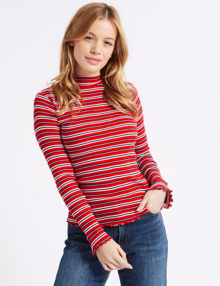 Marks & Spencer Petite Pure Cotton Striped T-shirt Red Mix