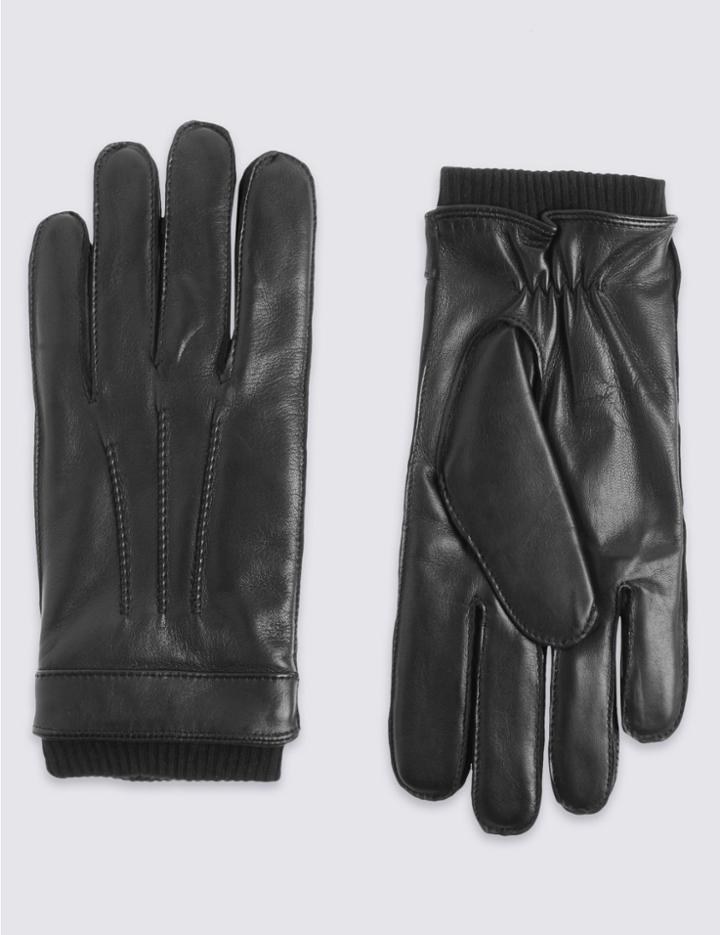 Marks & Spencer Leather Thinsulate&trade; Gloves With Knitted Cuff Black