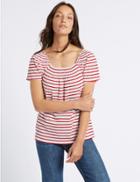 Marks & Spencer Cotton Rich Striped Short Sleeve Bardot Top Red Mix