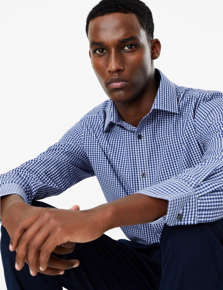 Marks & Spencer Tailored Fit Checked Easy Iron Shirt Navy Mix