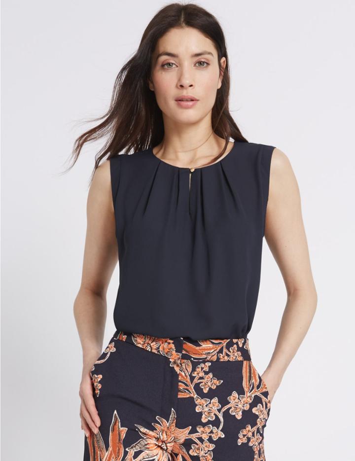 Marks & Spencer Pleated Round Neck Sleeveless Vest Top Navy
