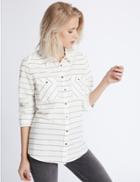 Marks & Spencer Cotton Rich Striped Long Sleeve Shirt Ivory Mix