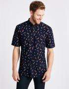 Marks & Spencer Pure Cotton Slim Fit Parrot Print Shirt Navy