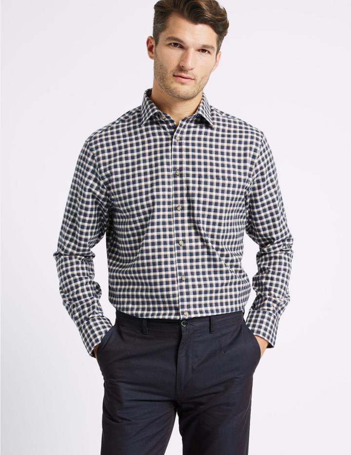 Marks & Spencer Pure Cotton Twill Regular Fit Shirt Navy Mix