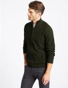 Marks & Spencer Cotton Rich Textured Zip Through Cardigan Khaki