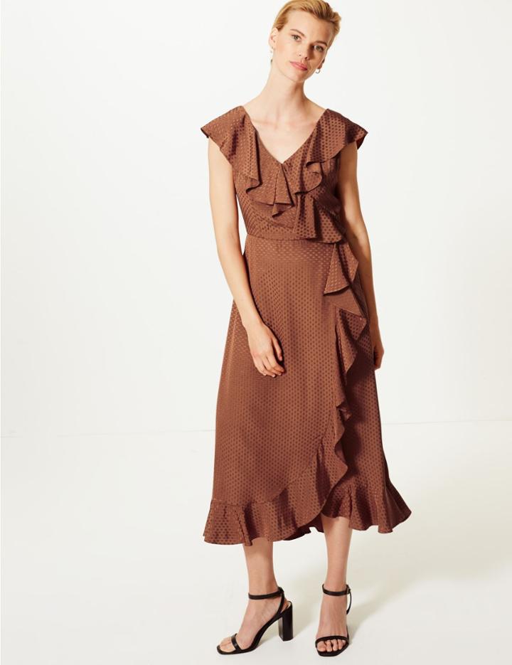 Marks & Spencer Polka Dot Frill Detail Wrap Midi Dress Tan