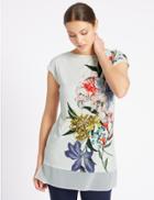 Marks & Spencer Floral Print Cap Sleeve Jersey Top Pale Pink Mix