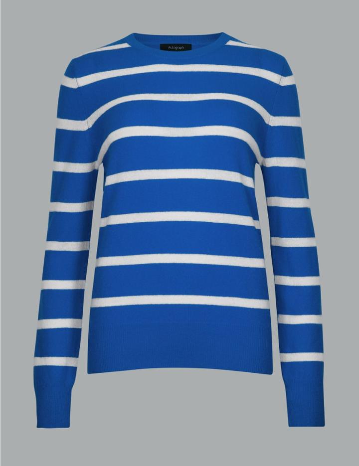 Marks & Spencer Pure Cashmere Striped Round Neck Jumper Blue Mix