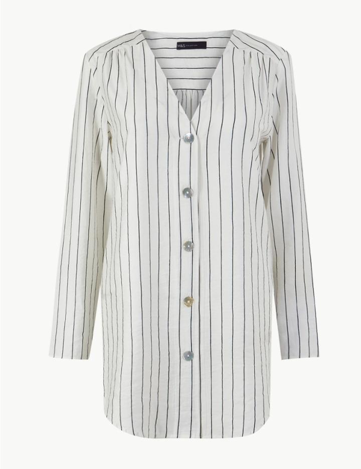Marks & Spencer Striped Button Detailed Longline Tunic Ivory Mix