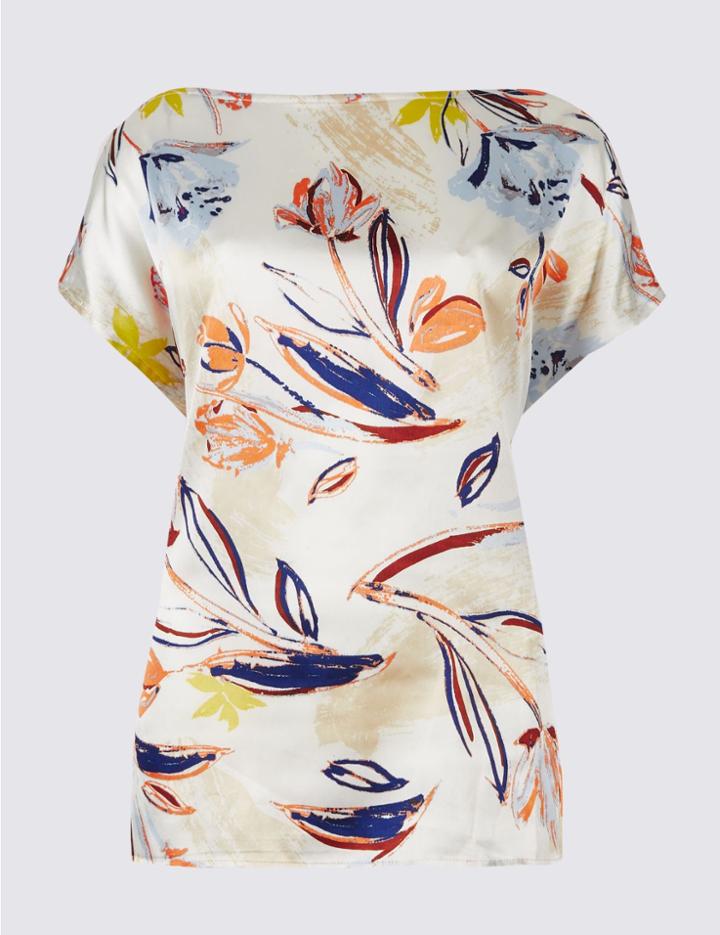 Marks & Spencer Floral Print Satin Short Sleeve Top Ivory Mix