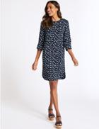 Marks & Spencer Printed Round Neck 3/4 Sleeve Shift Dress Navy Mix