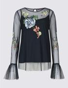 Marks & Spencer Embroidered Round Neck Long Sleeve Shell Top Navy