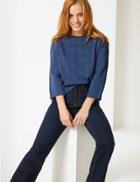 Marks & Spencer Petite Checked Round Neck 3/4 Sleeve Top Blue Mix