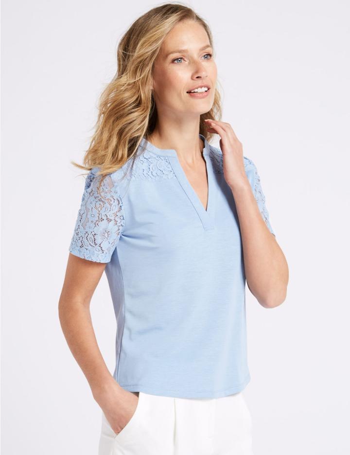 Marks & Spencer Lace Notch Neck Short Sleeve Top Blue