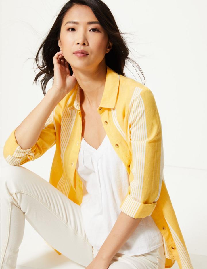 Marks & Spencer Pure Cotton Striped Button Detailed Shirt Yellow Mix