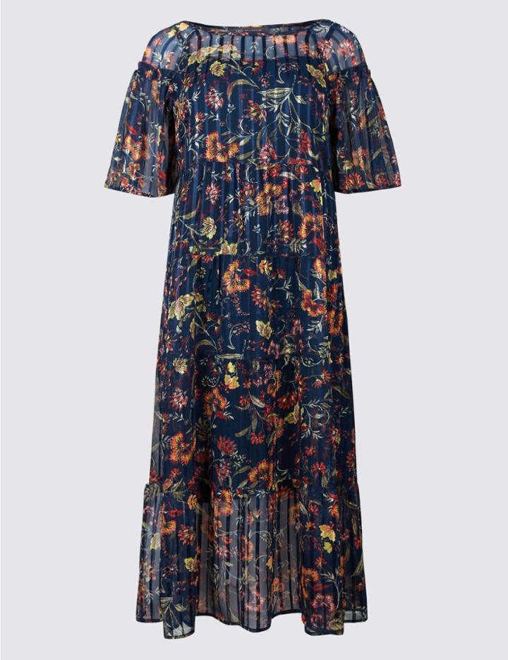 Marks & Spencer Floral Print Half Sleeve Skater Midi Dress Navy Mix