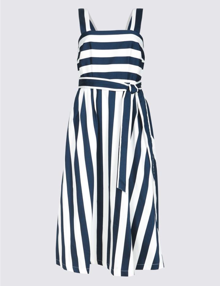 Marks & Spencer Cotton Rich Striped Skater Midi Dress Blue Mix