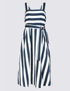 Marks & Spencer Cotton Rich Striped Skater Midi Dress Blue Mix