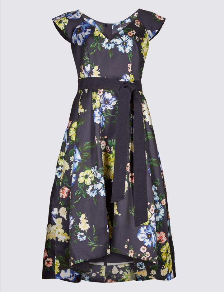 Marks & Spencer Floral Print Short Sleeve Skater Midi Dress Navy Mix