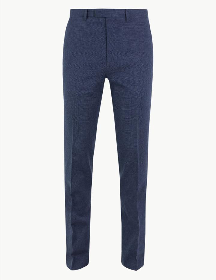 Marks & Spencer Slim Fit Linen Blend Flat Front Trousers Indigo