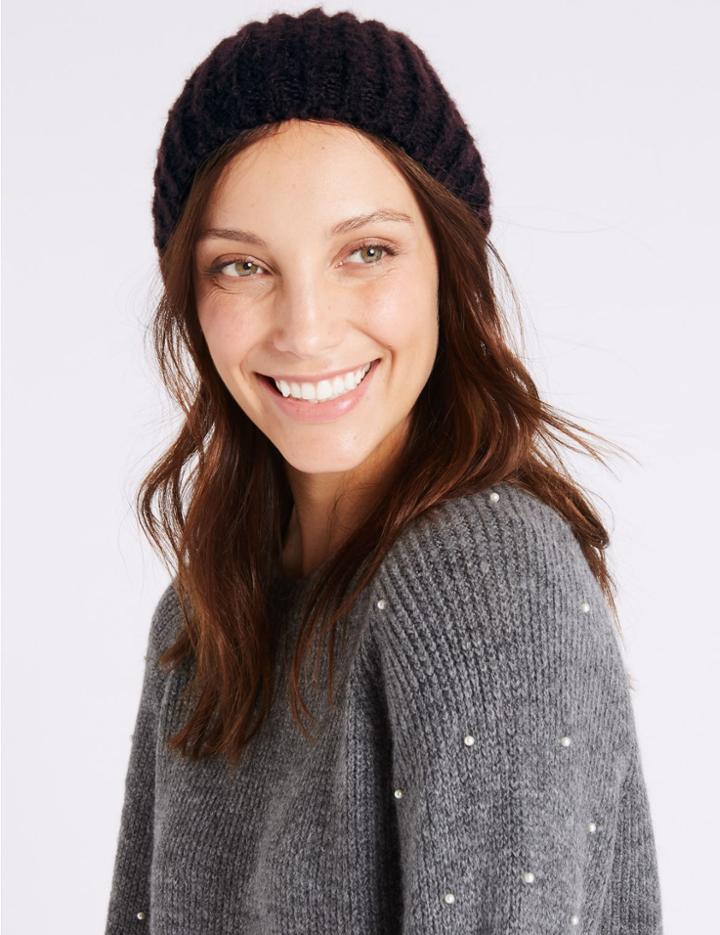 Marks & Spencer Textured Beanie Winter Hat Dark Grape