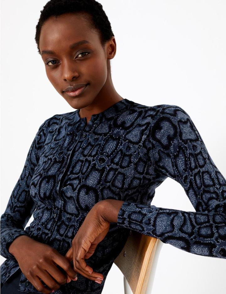 Marks & Spencer Animal Print Round Neck Cardigan Navy Mix