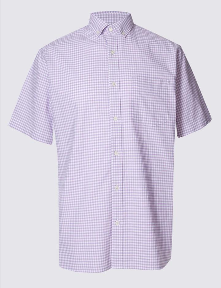 Marks & Spencer Pure Cotton Gingham Shirt With Pocket Purple Mix