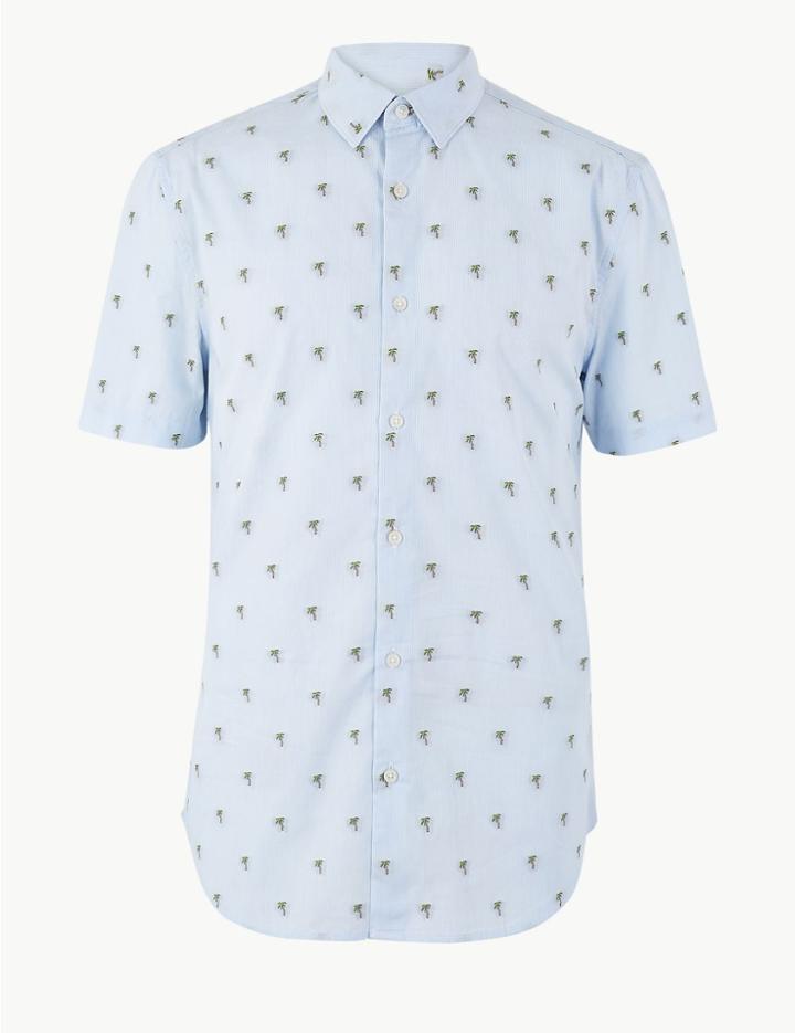 Marks & Spencer Pure Cotton Palm Print Shirt Blue Mix