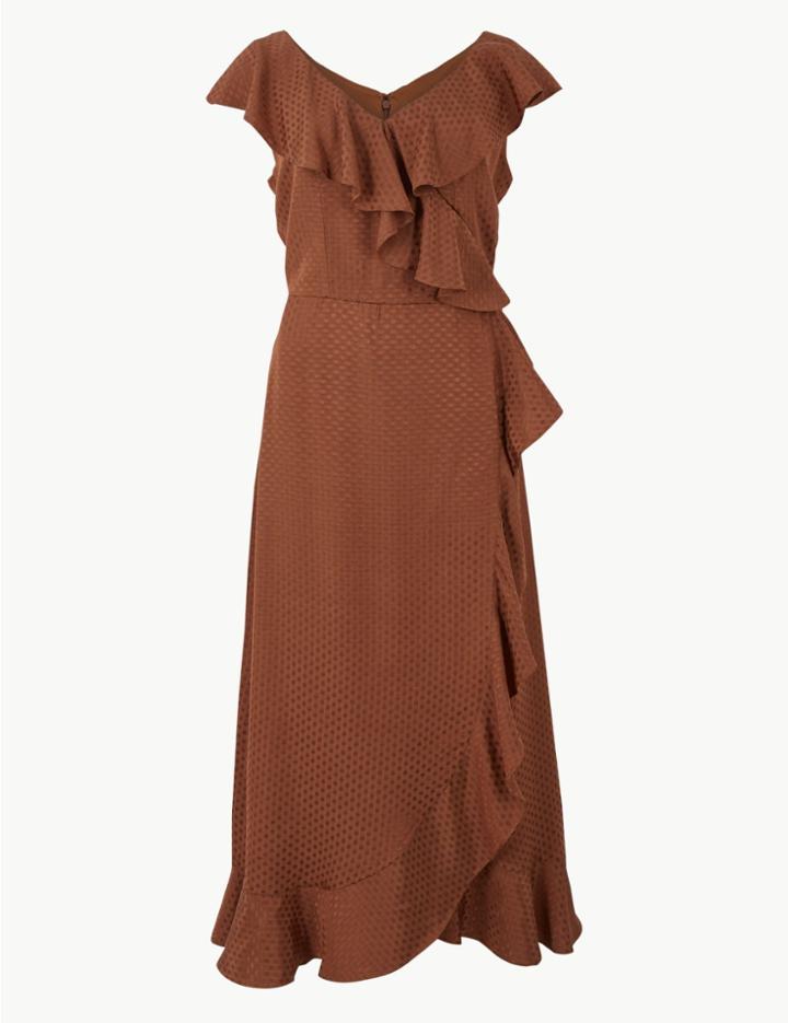 Marks & Spencer Polka Dot Frill Detail Midi Wrap Dress Tan