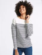Marks & Spencer Cotton Rich Striped Long Sleeve Sweat Ivory Mix