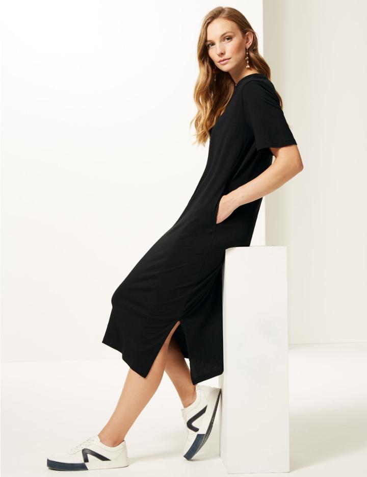 Marks & Spencer Pure Cotton Half Sleeve Midi Dress Black