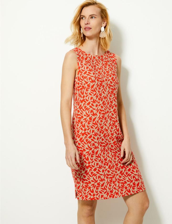 Marks & Spencer Linen Rich Leaf Print Shift Dress Red Mix