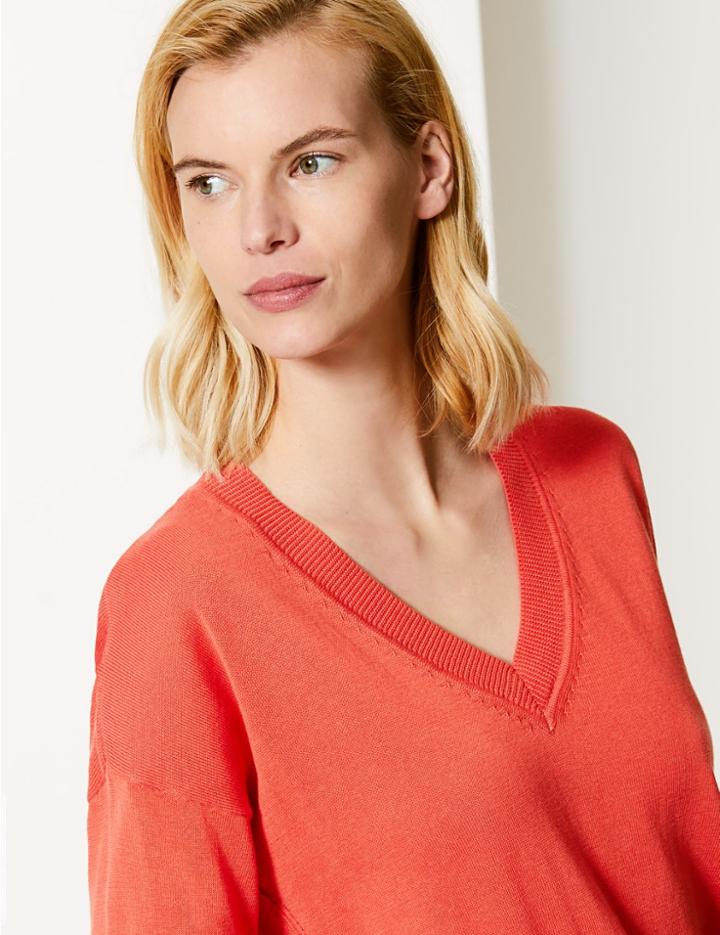 Marks & Spencer Pure Cotton V-neck Jumper Mango