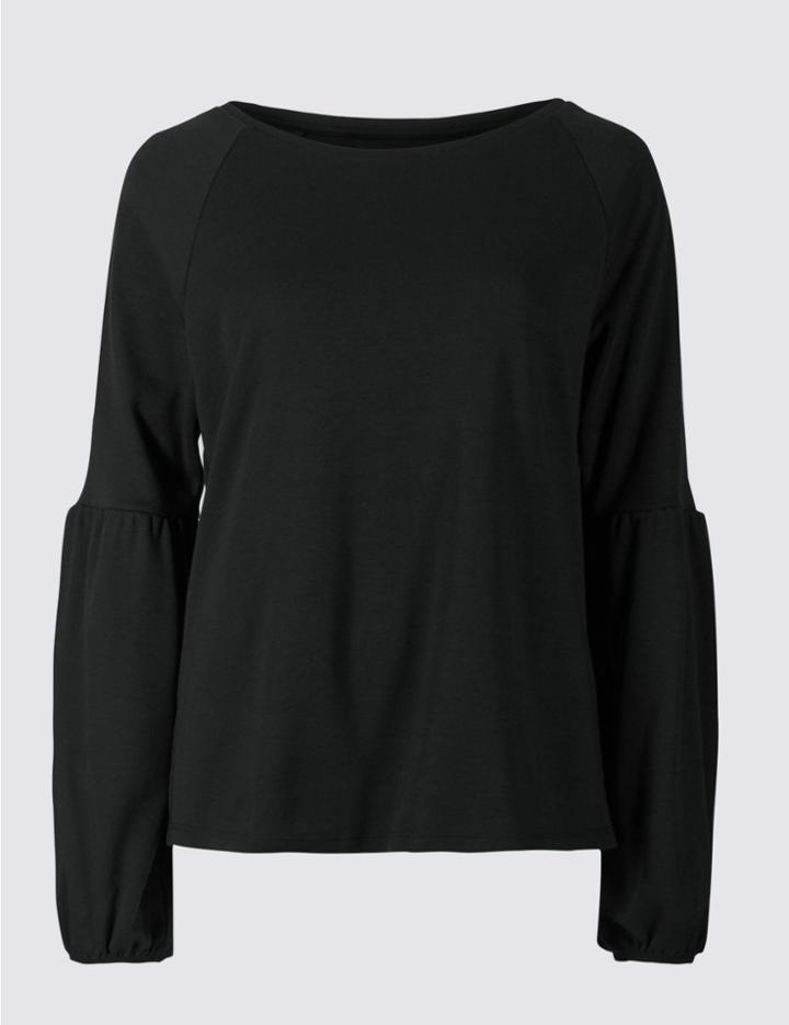Marks & Spencer Cotton Blend Bell Sleeve Jersey Top Black