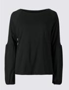 Marks & Spencer Cotton Blend Bell Sleeve Jersey Top Black