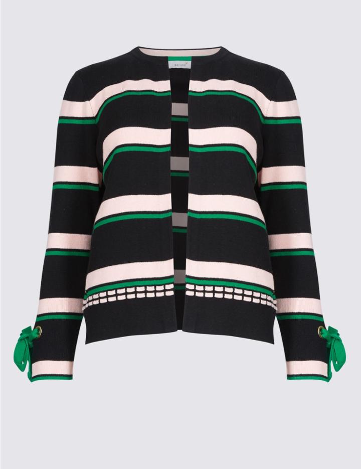 Marks & Spencer Pure Cotton Striped Cuff Tie Cardigan Black Mix