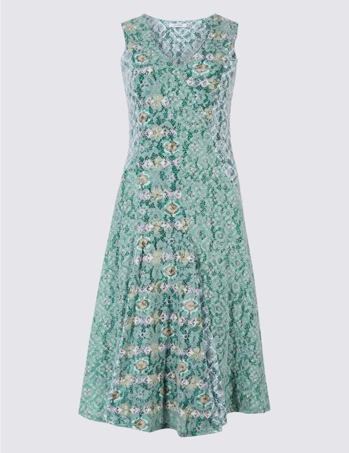 Marks & Spencer Burnout Print Sleeveless Skater Midi Dress Mint Mix