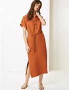 Marks & Spencer Linen Blend Short Sleeve Shirt Midi Dress Ginger
