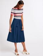 Marks & Spencer Cotton Rich Belted Full Midi Skirt Navy