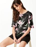 Marks & Spencer Floral Print Round Neck Relaxed Fit Blouse Black Mix