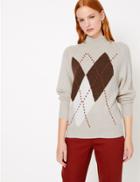 Marks & Spencer Argyle Turtle Neck Relaxed Fit Jumper Oatmeal Mix