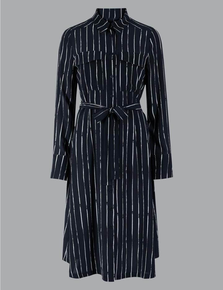 Marks & Spencer Pure Silk Striped Long Sleeve Shirt Dress Navy Mix