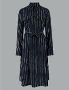 Marks & Spencer Pure Silk Striped Long Sleeve Shirt Dress Navy Mix