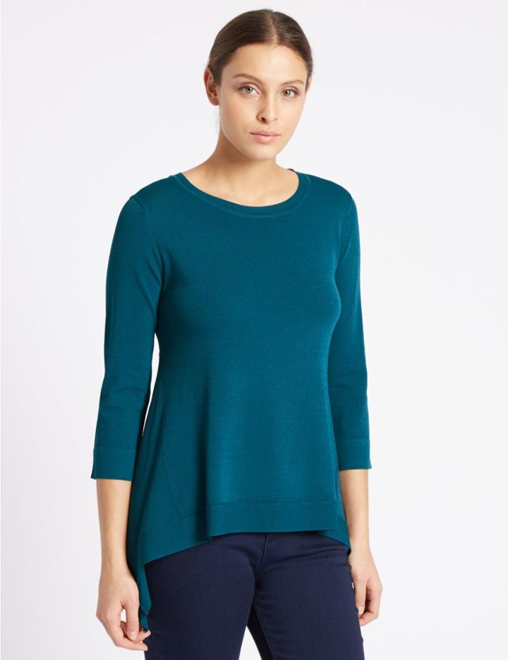 Marks & Spencer Dipped Side Round Neck Jumper Dark Kingfisher