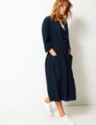 Marks & Spencer Linen Blend 3/4 Sleeve Waisted Midi Dress Navy